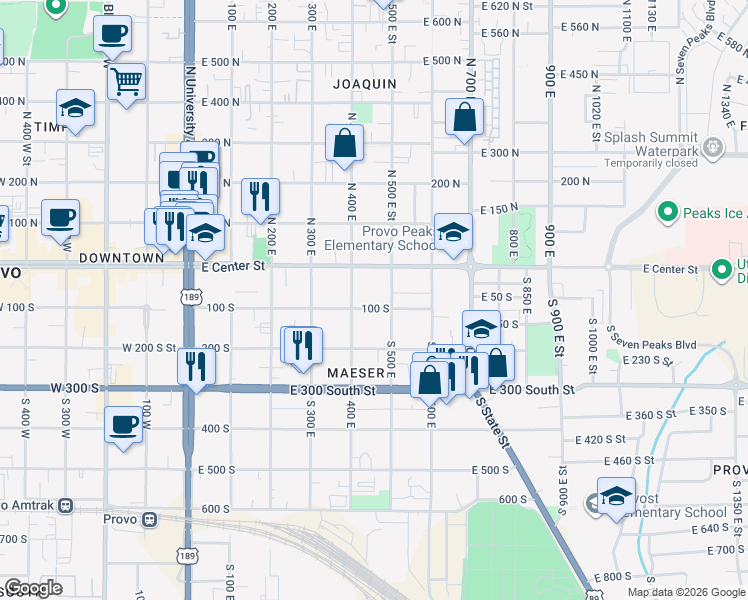 map of restaurants, bars, coffee shops, grocery stores, and more near 55 400 East in Provo