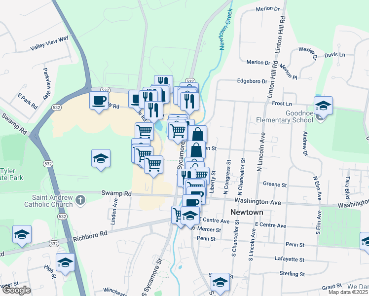 map of restaurants, bars, coffee shops, grocery stores, and more near 9 Jefferson Street in Newtown