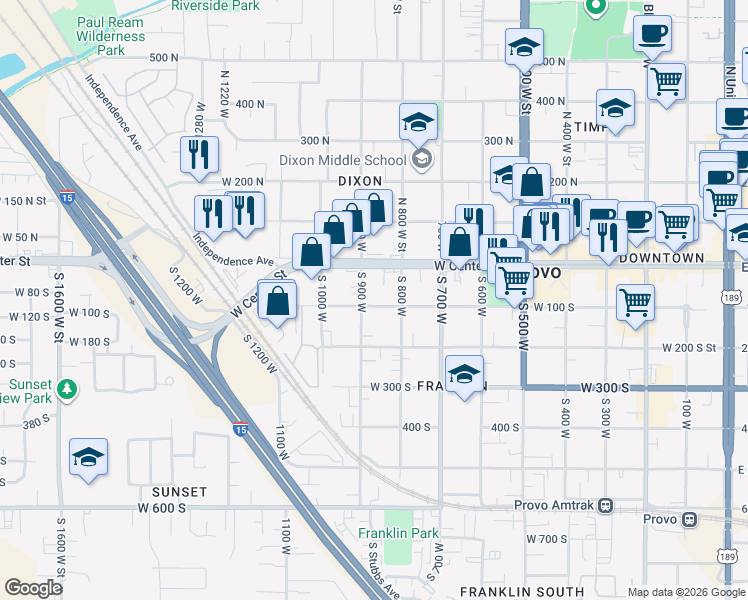 map of restaurants, bars, coffee shops, grocery stores, and more near 825 West Center Street in Provo