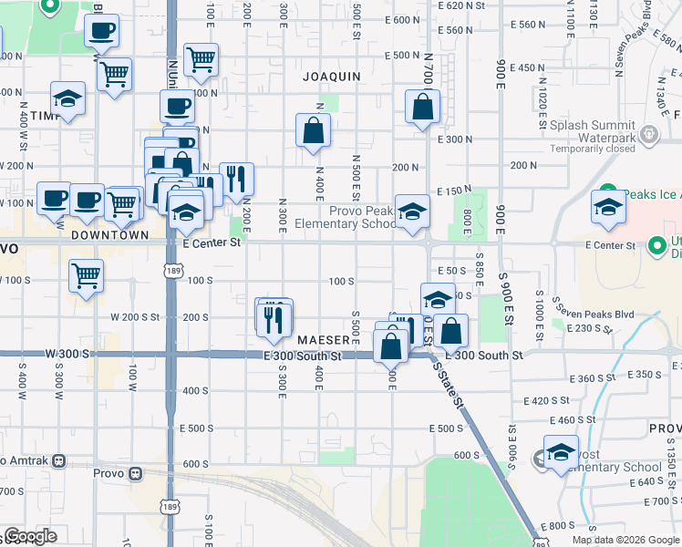 map of restaurants, bars, coffee shops, grocery stores, and more near 55 400 East in Provo