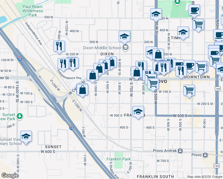 map of restaurants, bars, coffee shops, grocery stores, and more near 825 West Center Street in Provo