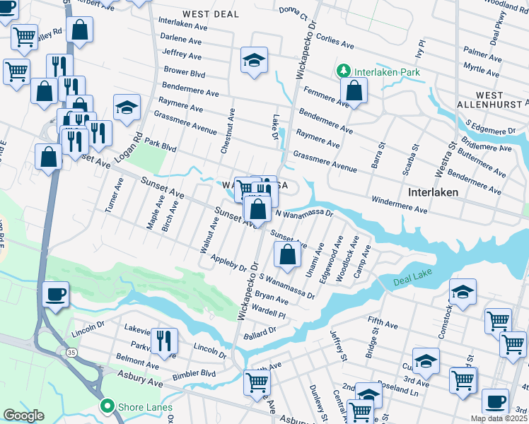 map of restaurants, bars, coffee shops, grocery stores, and more near 10 Deal Lake Point Road in Wanamassa