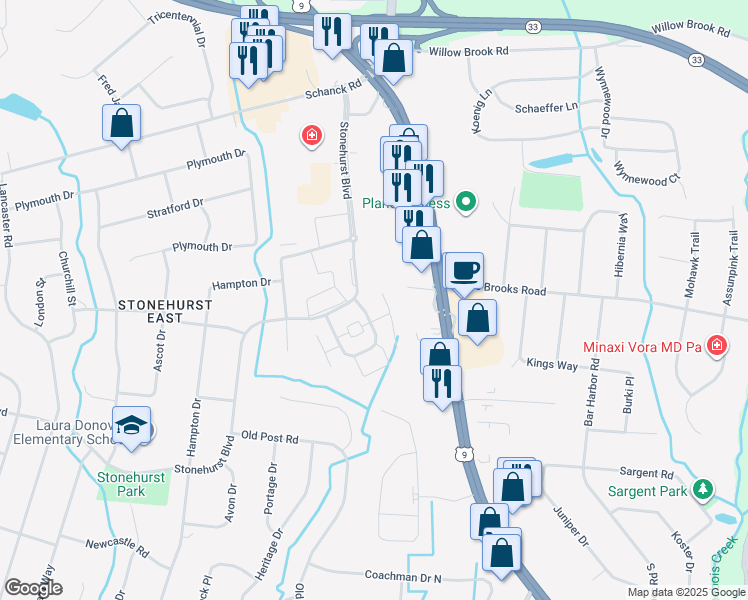 map of restaurants, bars, coffee shops, grocery stores, and more near 80 Stonehurst Boulevard in Freehold