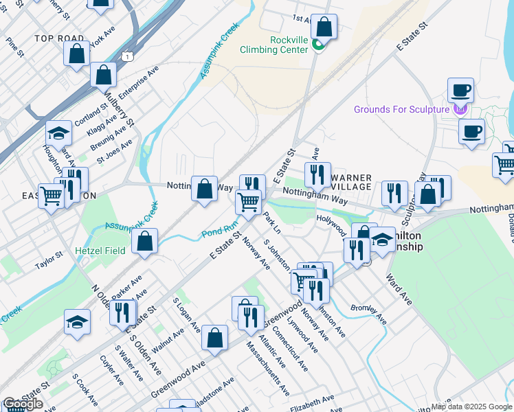 map of restaurants, bars, coffee shops, grocery stores, and more near 1121 Nottingham Way in Hamilton Township