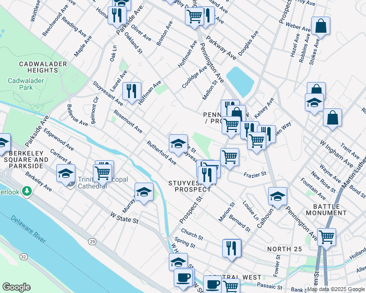 map of restaurants, bars, coffee shops, grocery stores, and more near 29 Adam Avenue in Trenton
