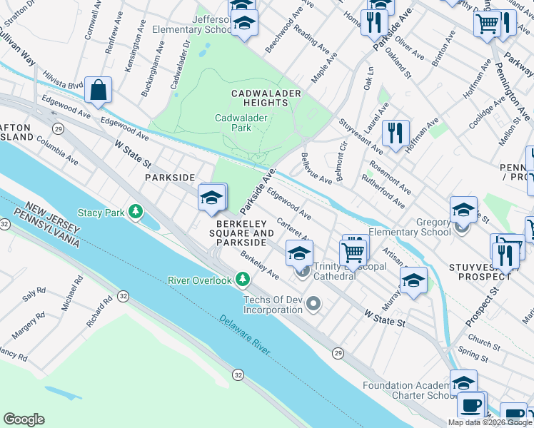 map of restaurants, bars, coffee shops, grocery stores, and more near 921 Edgewood Avenue in Trenton