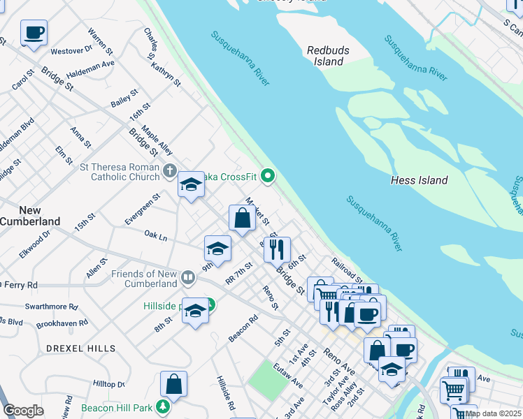 map of restaurants, bars, coffee shops, grocery stores, and more near 915 Market Street in New Cumberland
