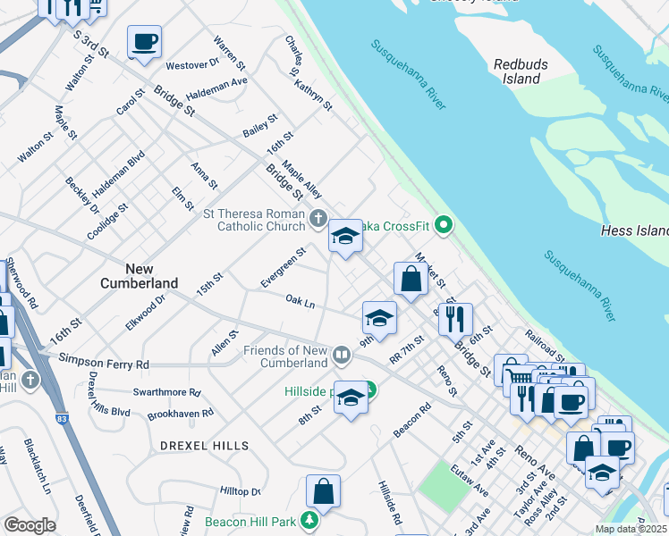 map of restaurants, bars, coffee shops, grocery stores, and more near 306 Park Avenue in New Cumberland