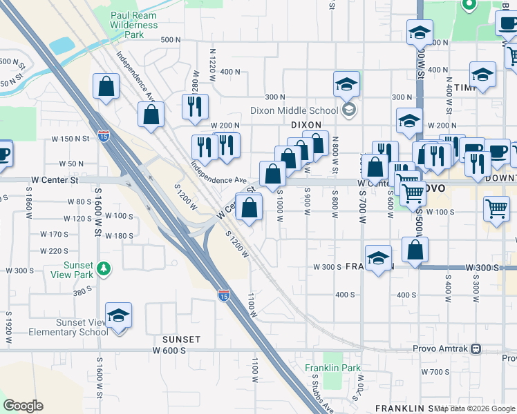 map of restaurants, bars, coffee shops, grocery stores, and more near 1070 West 100 South in Provo