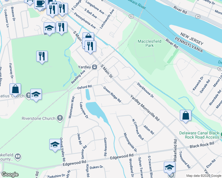 map of restaurants, bars, coffee shops, grocery stores, and more near 22 Green Ridge Road in Yardley