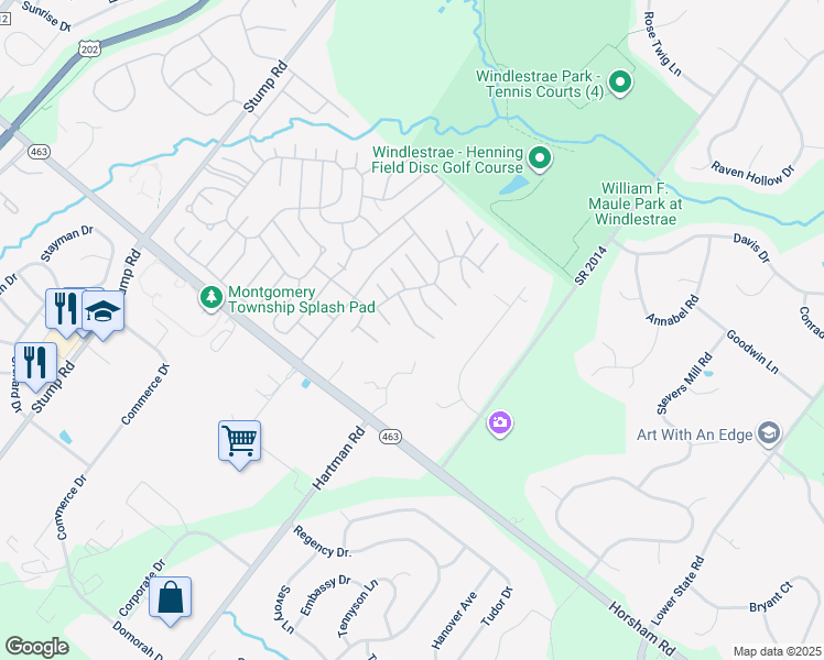 map of restaurants, bars, coffee shops, grocery stores, and more near 739 Dogwood Drive in North Wales