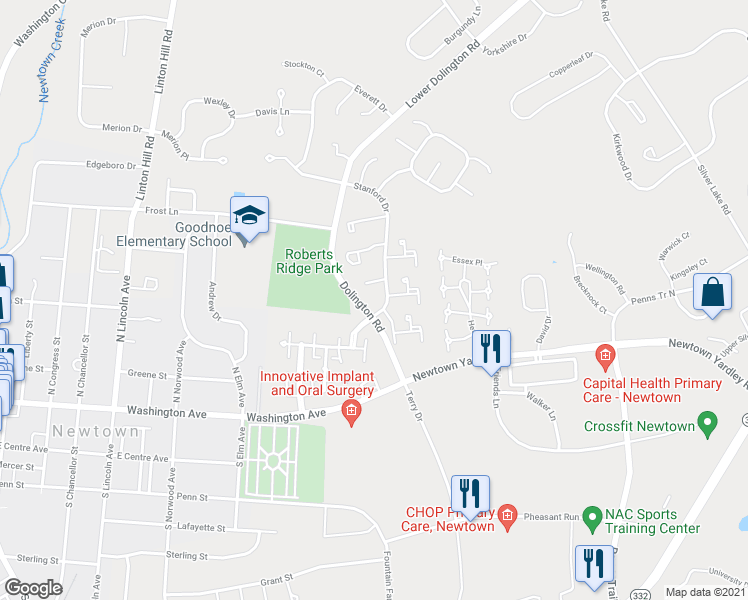 map of restaurants, bars, coffee shops, grocery stores, and more near 243 Rumford Court in Newtown