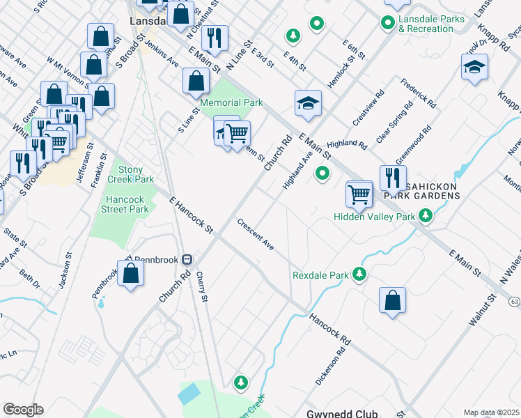 map of restaurants, bars, coffee shops, grocery stores, and more near 230 Highland Avenue in Lansdale