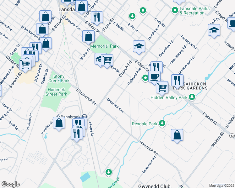 map of restaurants, bars, coffee shops, grocery stores, and more near 230 Highland Avenue in Lansdale