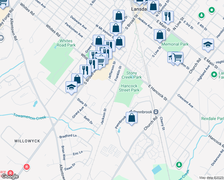 map of restaurants, bars, coffee shops, grocery stores, and more near 601 Jackson Street in Lansdale