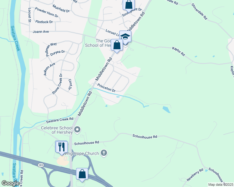 map of restaurants, bars, coffee shops, grocery stores, and more near 1067 Princeton Drive in Hummelstown