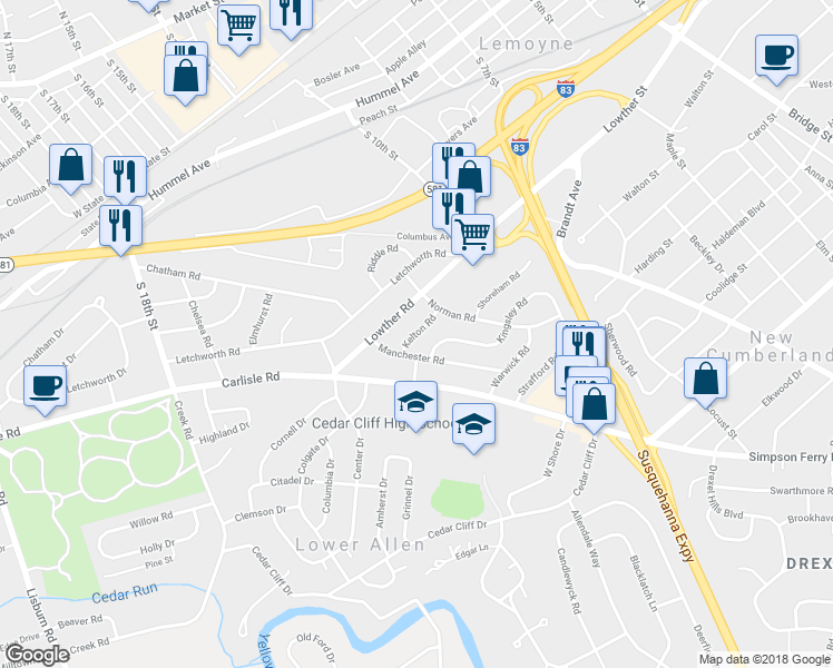 map of restaurants, bars, coffee shops, grocery stores, and more near 1300 Kelton Road in Camp Hill