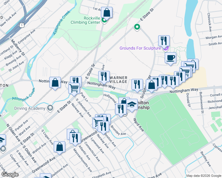 map of restaurants, bars, coffee shops, grocery stores, and more near 1324 Nottingham Way in Hamilton Township