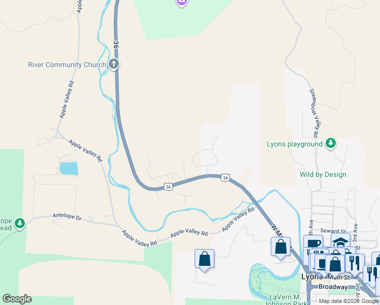 map of restaurants, bars, coffee shops, grocery stores, and more near 127 Eagle Canyon Circle in Lyons
