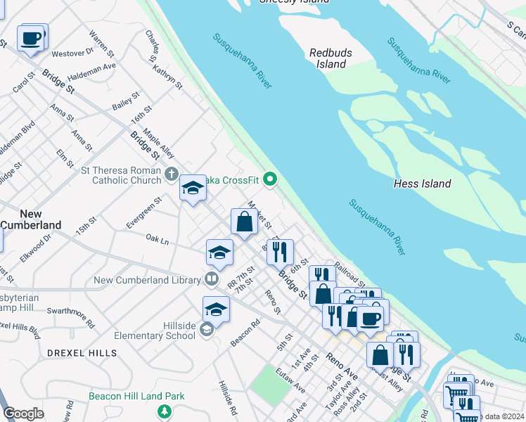 map of restaurants, bars, coffee shops, grocery stores, and more near 915 Market Street in New Cumberland