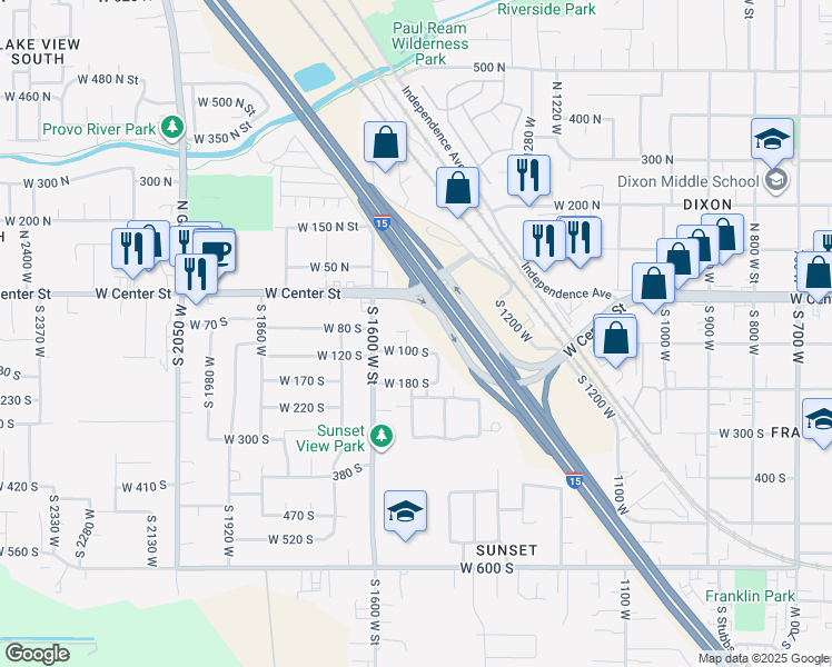 map of restaurants, bars, coffee shops, grocery stores, and more near 71 1530 West in Provo