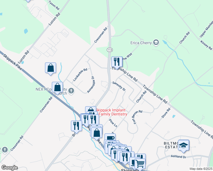 map of restaurants, bars, coffee shops, grocery stores, and more near 4154 Serenity Street in Schwenksville