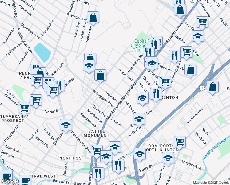 map of restaurants, bars, coffee shops, grocery stores, and more near 664 New Willow Street in Trenton