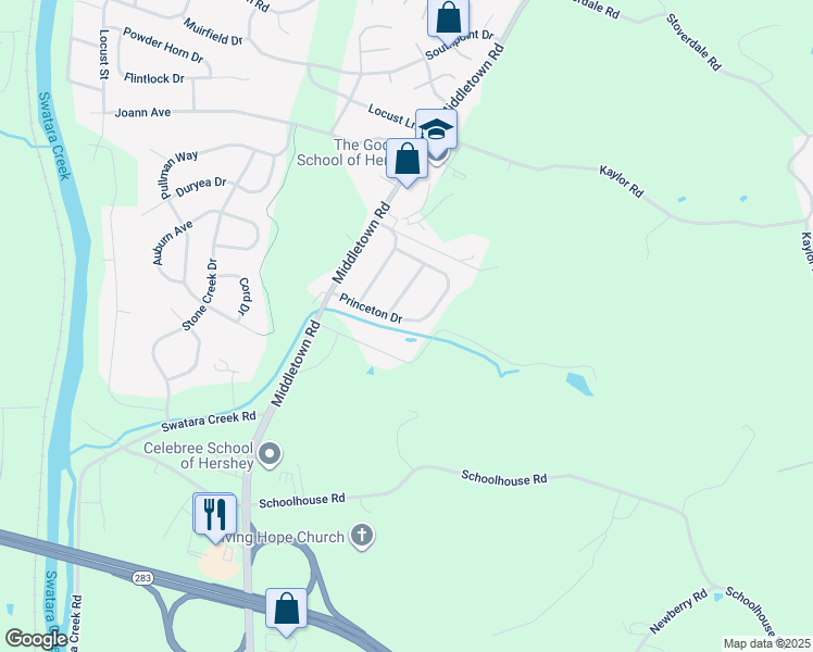map of restaurants, bars, coffee shops, grocery stores, and more near 1067 Princeton Drive in Hummelstown