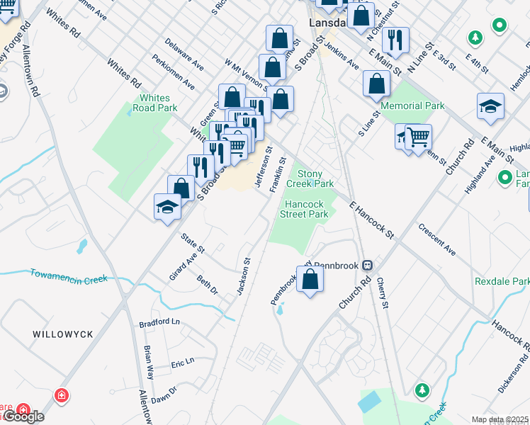 map of restaurants, bars, coffee shops, grocery stores, and more near 601 Jackson Street in Lansdale