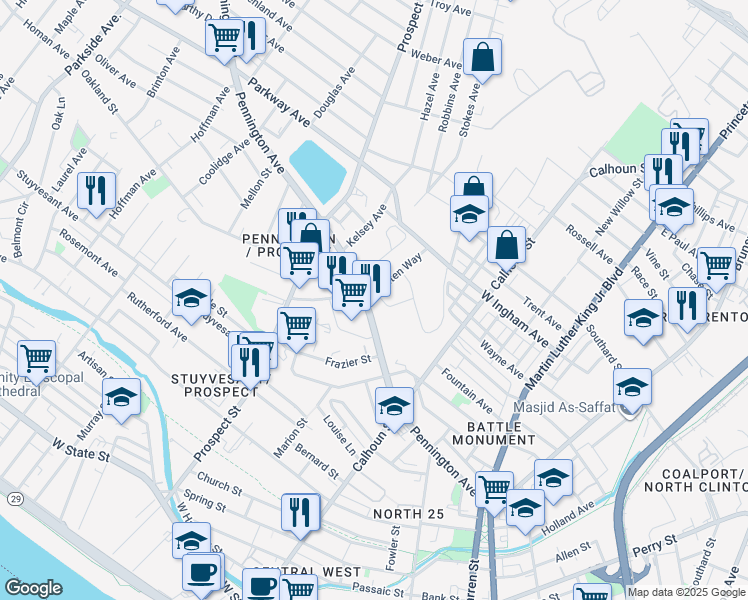 map of restaurants, bars, coffee shops, grocery stores, and more near 2 Chelten Way in Trenton