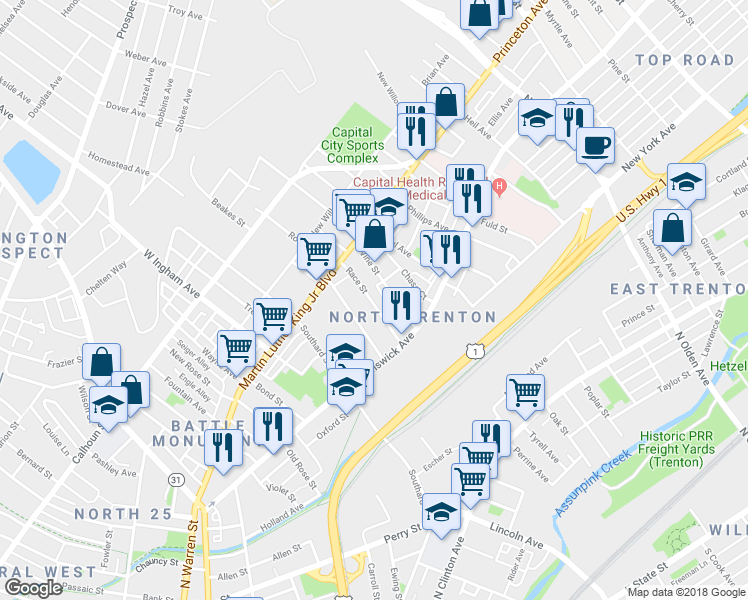map of restaurants, bars, coffee shops, grocery stores, and more near 66 Race Street in Trenton