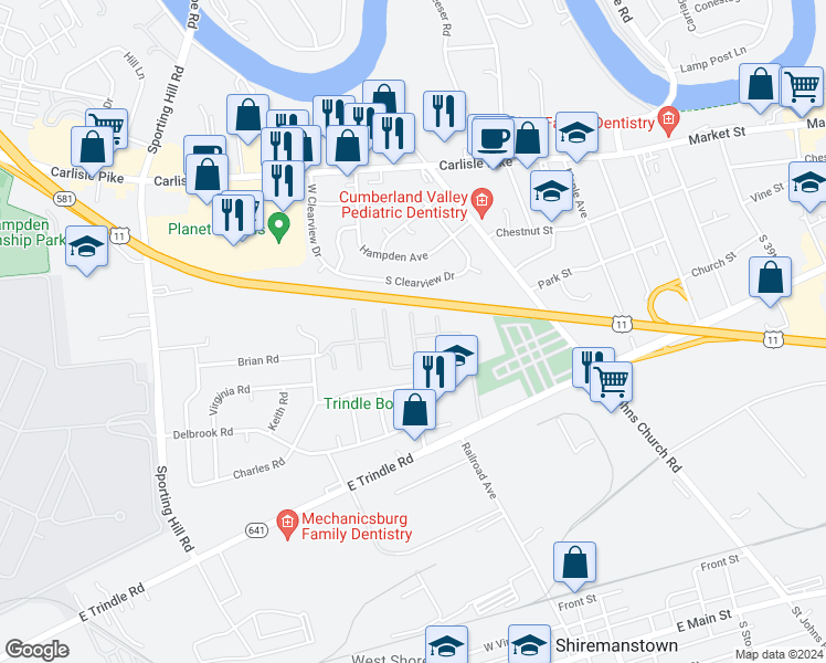 map of restaurants, bars, coffee shops, grocery stores, and more near 528 Breezewood Court in Mechanicsburg