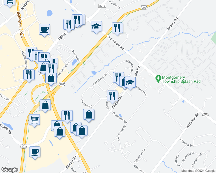 map of restaurants, bars, coffee shops, grocery stores, and more near 211 Orchard Drive in North Wales