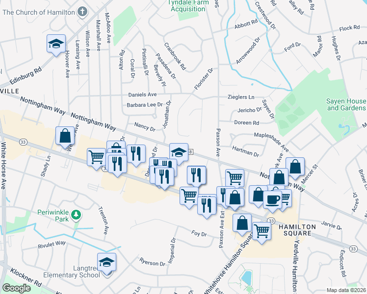 map of restaurants, bars, coffee shops, grocery stores, and more near 3306 Nottingham Way in Hamilton Township