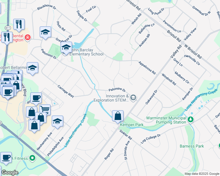 map of restaurants, bars, coffee shops, grocery stores, and more near 1753 Palomino Drive in Warrington
