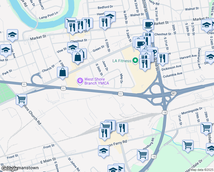 map of restaurants, bars, coffee shops, grocery stores, and more near 303 April Drive in Camp Hill