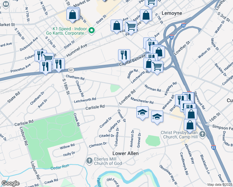 map of restaurants, bars, coffee shops, grocery stores, and more near 1496 Letchworth Road in Camp Hill