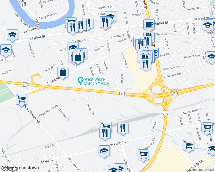 map of restaurants, bars, coffee shops, grocery stores, and more near 303 April Drive in Camp Hill
