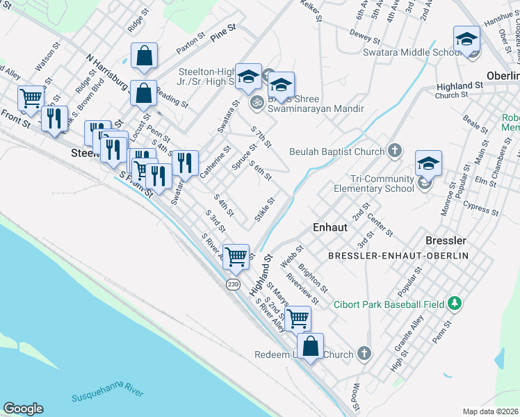 map of restaurants, bars, coffee shops, grocery stores, and more near 499 Stikle Street in Steelton