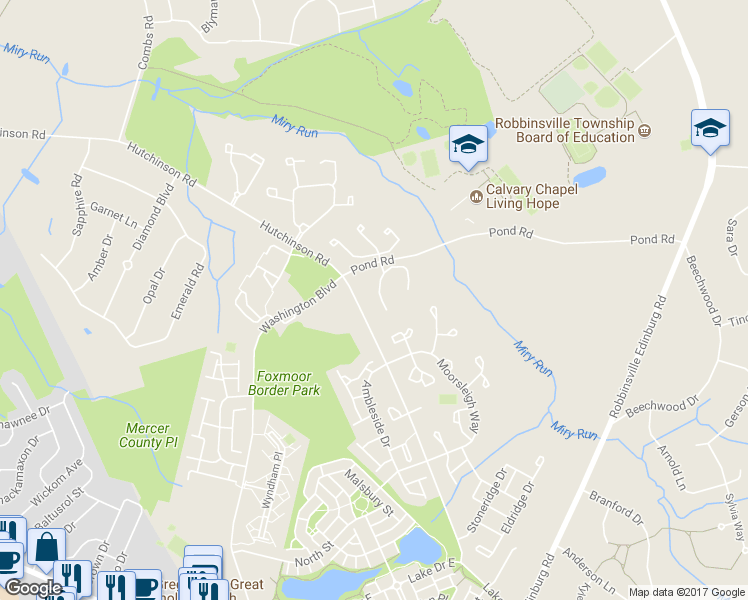 map of restaurants, bars, coffee shops, grocery stores, and more near 73 Beacon Place in Robbinsville Township