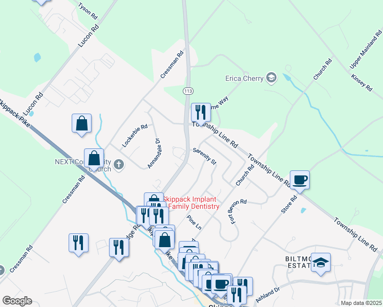 map of restaurants, bars, coffee shops, grocery stores, and more near 4154 Serenity Street in Schwenksville