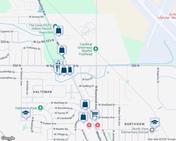 map of restaurants, bars, coffee shops, grocery stores, and more near 4801 North Maplewood Avenue in Muncie