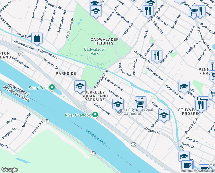 map of restaurants, bars, coffee shops, grocery stores, and more near 921 Edgewood Avenue in Trenton