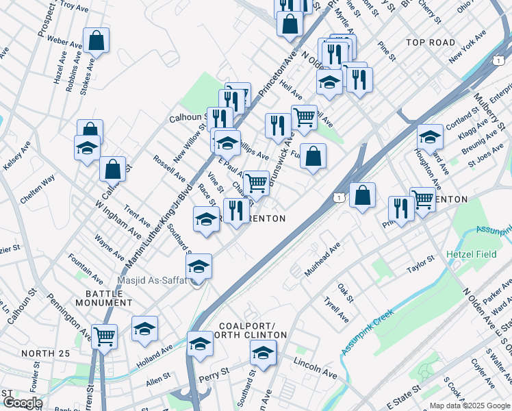 map of restaurants, bars, coffee shops, grocery stores, and more near 11 Chase Street in Trenton