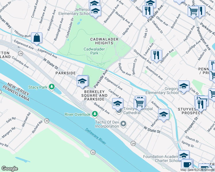 map of restaurants, bars, coffee shops, grocery stores, and more near 921 Edgewood Avenue in Trenton