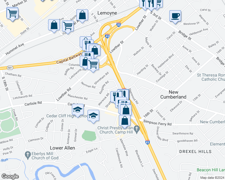 map of restaurants, bars, coffee shops, grocery stores, and more near 407 Norman Road in Camp Hill