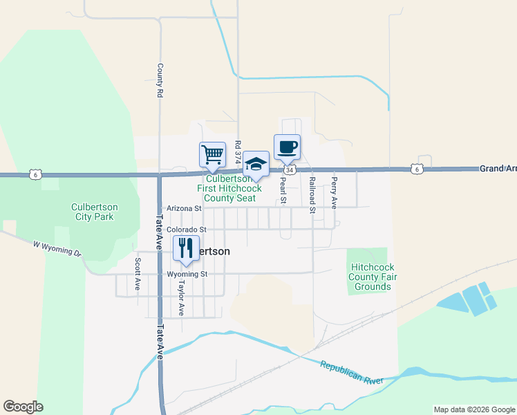 map of restaurants, bars, coffee shops, grocery stores, and more near 750 Arizona St in Culbertson