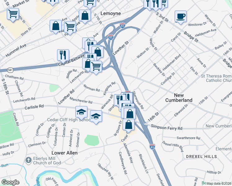 map of restaurants, bars, coffee shops, grocery stores, and more near 407 Norman Road in Camp Hill