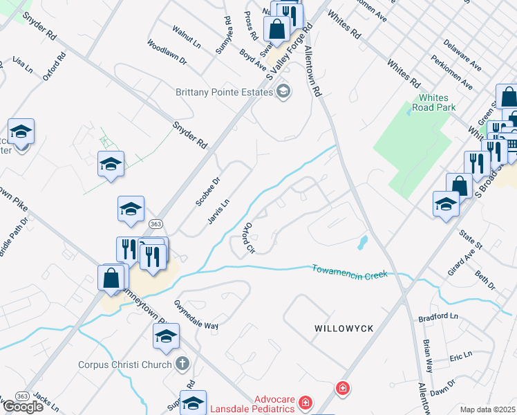 map of restaurants, bars, coffee shops, grocery stores, and more near 1232 Oxford Circle in Lansdale