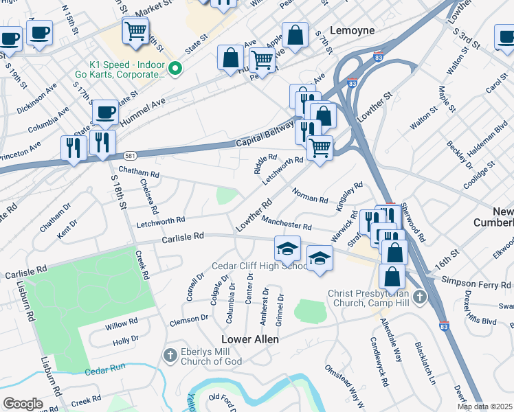 map of restaurants, bars, coffee shops, grocery stores, and more near 1398 Lowther Road in Camp Hill